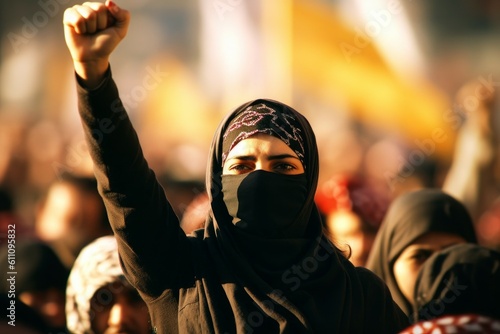 Arab woman protesting at a social rally. AI generated, human enhanced