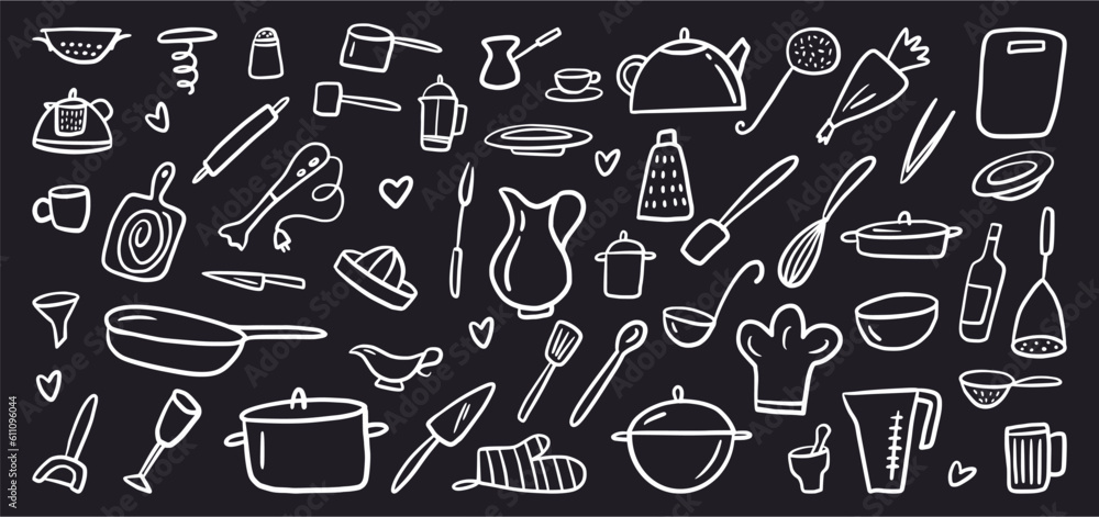Illustration of a collection of kitchen utensils, hand-drawn in the style of a doodle Illustration of a collection of kitchen utensils, hand-drawn in the style of a doodle