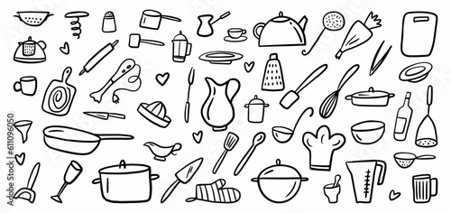 Illustration of a collection of kitchen utensils, hand-drawn in the style of a doodle