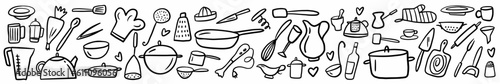 Vector horizontal illustration of a collection of kitchen utensils, hand-drawn in the style of a doodle