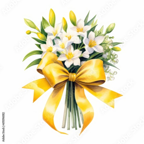 jasmine flower bouquet with a yellow tied bow ribbon,watercolor Illustration isolated on white background for wedding card, cover, invitations.Generative AI