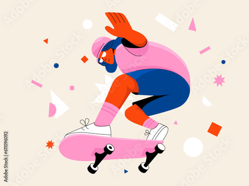 Flat vector illustration of a man riding a skateboard. Illustration for landing page and websites
