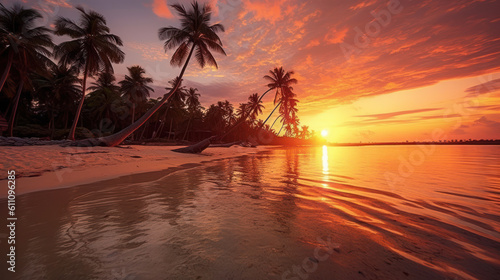 Serenity's Embrace: A Captivating Low Angle Shot of a Sunset Beach. Generative AI © Sascha