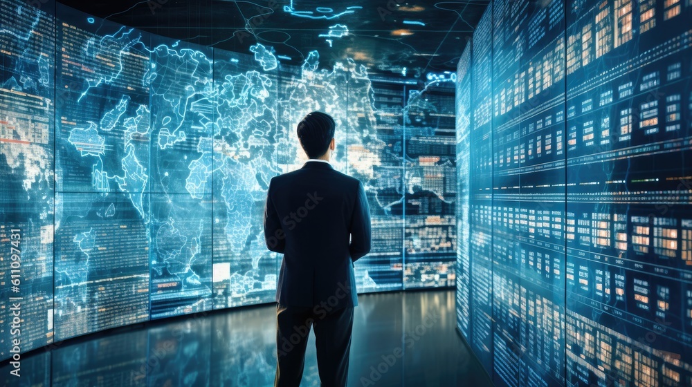 Horizontal format, Big data technology and data science with person touching data flowing on virtual screen. Business analytics, artificial intelligence, Engineer or scientifi analysis. Generative AI Horizontal format, Big data technology and data science with person touching data flowing on virtual screen. Business analytics, artificial intelligence, Engineer or scientifi analysis. Generative AI