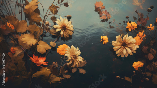 Beautiful autumn flowers and leaves against dark water background. Generative AI.