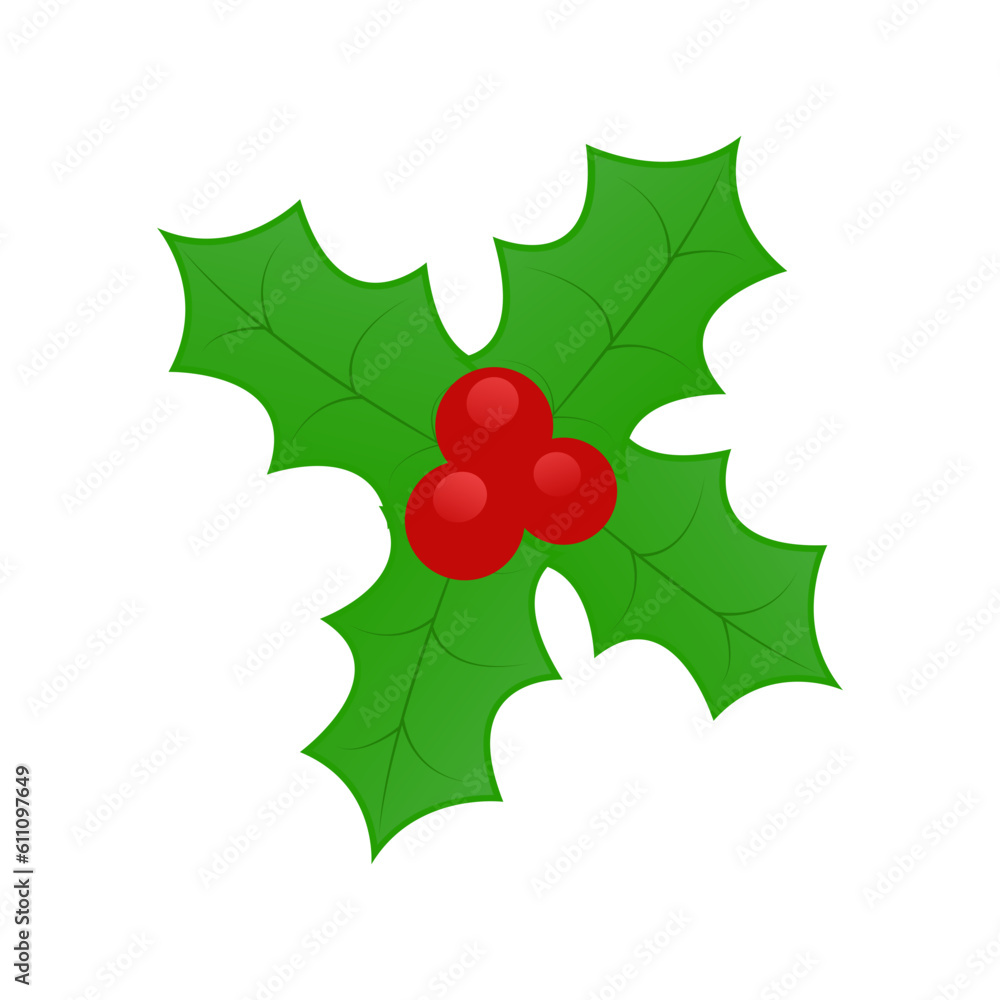Christmas Holly Berry Icon. Green Leaves And Red Berries Christmas Ornament Christmas Holly Berry Icon. Green Leaves And Red Berries Christmas Ornament