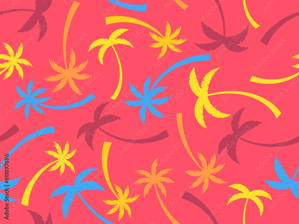 Colorful palm trees seamless pattern. Summer time, wallpaper with tropical pattern. Design for printing t-shirts, banners and promotional items. Vector illustration Colorful palm trees seamless pattern. Summer time, wallpaper with tropical pattern. Design for printing t-shirts, banners and promotional items. Vector illustration