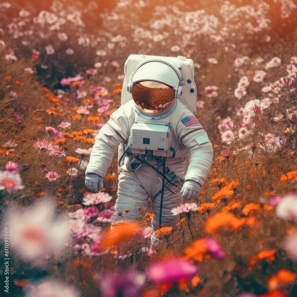 an Astronaut laying and walking through a field of flowers in a Futuristic-themed JPG format. Generative AI an Astronaut laying and walking through a field of flowers in a Futuristic-themed JPG format. Generative AI