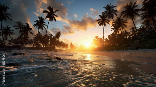 Sunset Serenity  A Captivating Low Angle View of a Tropical Beach. Generative AI