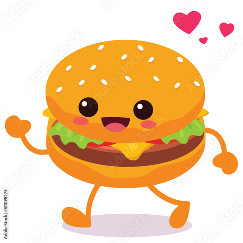 Happy smiling Kawaii cute burger. Vector flat cartoon character illustration icon design. Isolated on white background. burger, fast food
