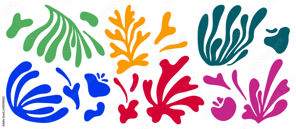 Matisse abstract floral algae shapes in trendy contemporary organic style. composition Doodle painted aestethic flower and leaf. Botanic vector illustration in vibrant color on the white background.