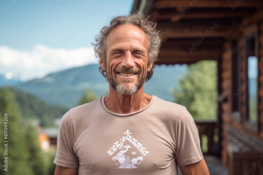 Medium shot portrait photography of a glad mature man wearing a casual t-shirt against a picturesque mountain chalet background. With generative AI technology