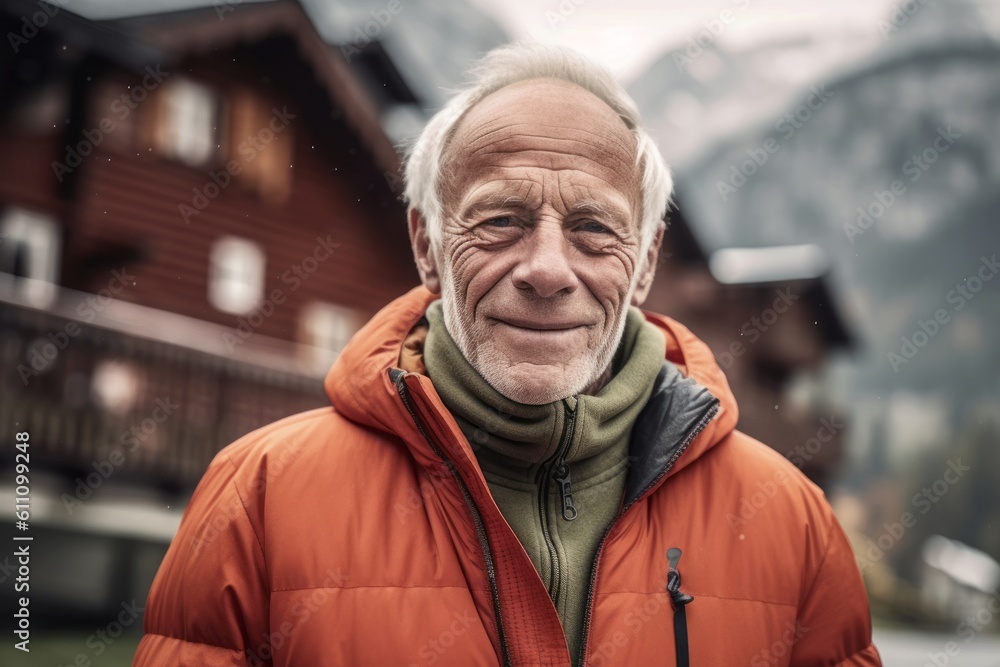 Lifestyle portrait photography of a satisfied old man wearing a stylish hoodie against a picturesque mountain chalet background. With generative AI technology
