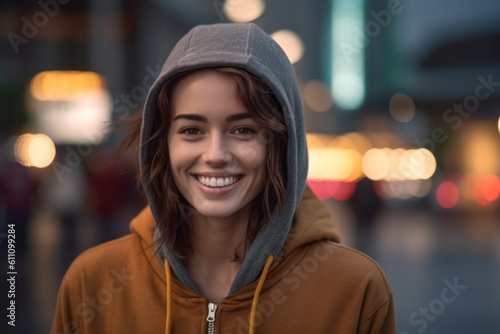 Medium shot portrait photography of a grinning girl in her 30s wearing a comfortable hoodie against a lively downtown street background. With generative AI technology