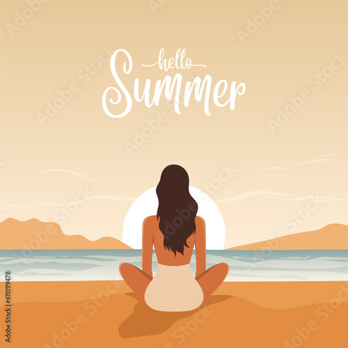 Vector Flat Young Woman Sitting at Sunset on the Beach, Enjoying the Resort, Relaxing on Seaside Sand Beach in Summer Season, Back View. Hello Summer Concept. Blue Ocean Scenic View Background