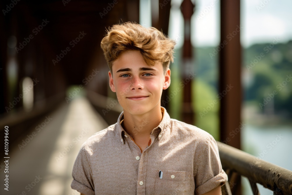 Conceptual portrait photography of a glad mature boy wearing a casual short-sleeve shirt against a picturesque bridge background. With generative AI technology Conceptual portrait photography of a glad mature boy wearing a casual short-sleeve shirt against a picturesque bridge background. With generative AI technology