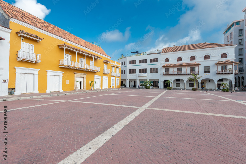 Cartagena, Bolivar, Colombia. March 16, 2023: Customs Square and Colon Monument.