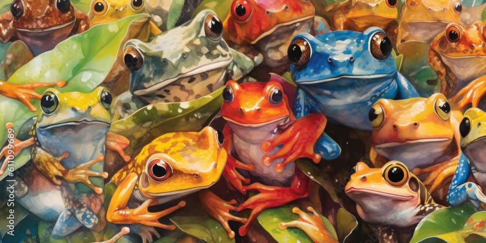 a Horizontal format, Rainforest Frogs, background Pattern Nature-themed,  photorealistic illustrations in JPG. Generative AI