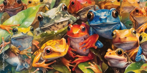 a Horizontal format, Rainforest Frogs, background Pattern Nature-themed,  photorealistic illustrations in JPG. Generative AI © Purple Penguin GFX
