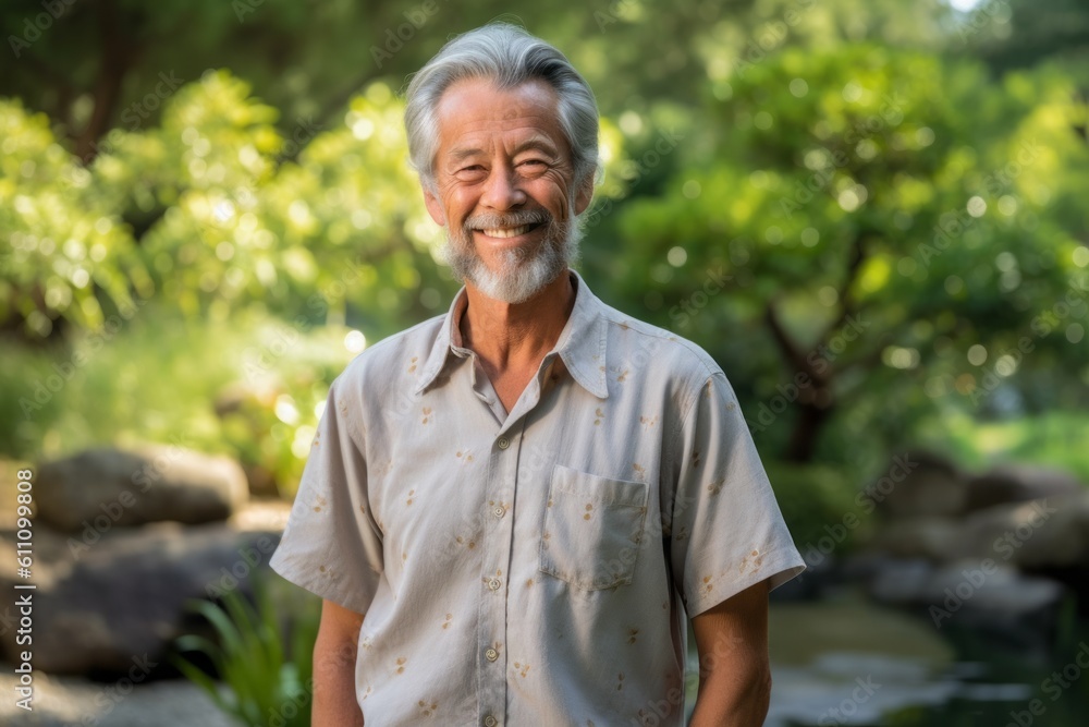 Lifestyle portrait photography of a satisfied mature man wearing a classy button-up shirt against a peaceful zen garden background. With generative AI technology Lifestyle portrait photography of a satisfied mature man wearing a classy button-up shirt against a peaceful zen garden background. With generative AI technology