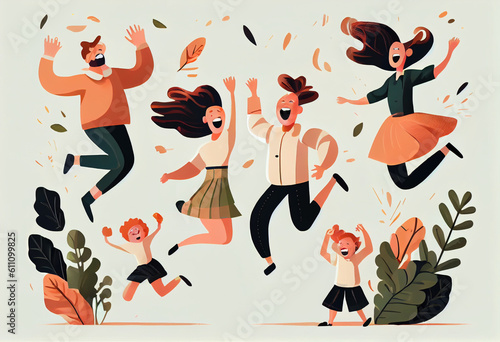 Happy children and adults jumping and having fun  emotional people  illustration isolated on white background. AI generated.