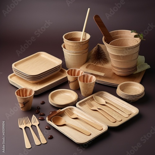  eco crockery plates and forks made of wood, Non-waste, environmentally friendly, disposable, cardboard, paper utensils for a picnic. side view. Generative AI