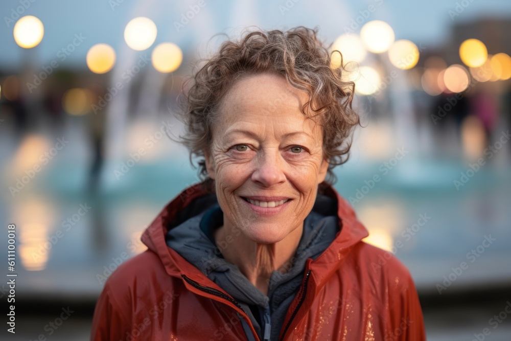 Medium shot portrait photography of a glad mature woman wearing a cozy zip-up hoodie against a vibrant city fountain background. With generative AI technology Medium shot portrait photography of a glad mature woman wearing a cozy zip-up hoodie against a vibrant city fountain background. With generative AI technology