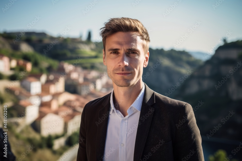 Headshot portrait photography of a glad boy in his 30s wearing an elegant long-sleeve shirt against a scenic cliffside village background. With generative AI technology Headshot portrait photography of a glad boy in his 30s wearing an elegant long-sleeve shirt against a scenic cliffside village background. With generative AI technology
