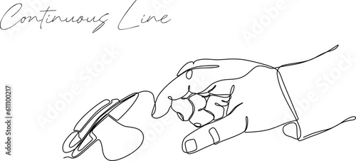 continuous line illustration of a hand holding a baby's pacifier