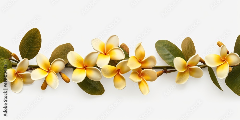 Fototapeta premium AI Generated. AI Generative. Plumeria frangipani flower tree branch close macro shot. Beautiful blossom spa relax vibe. Graphic Art