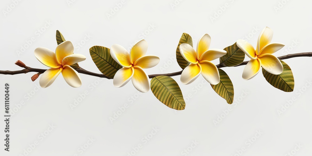 Fototapeta premium AI Generated. AI Generative. Plumeria frangipani flower tree branch close macro shot. Beautiful blossom spa relax vibe. Graphic Art
