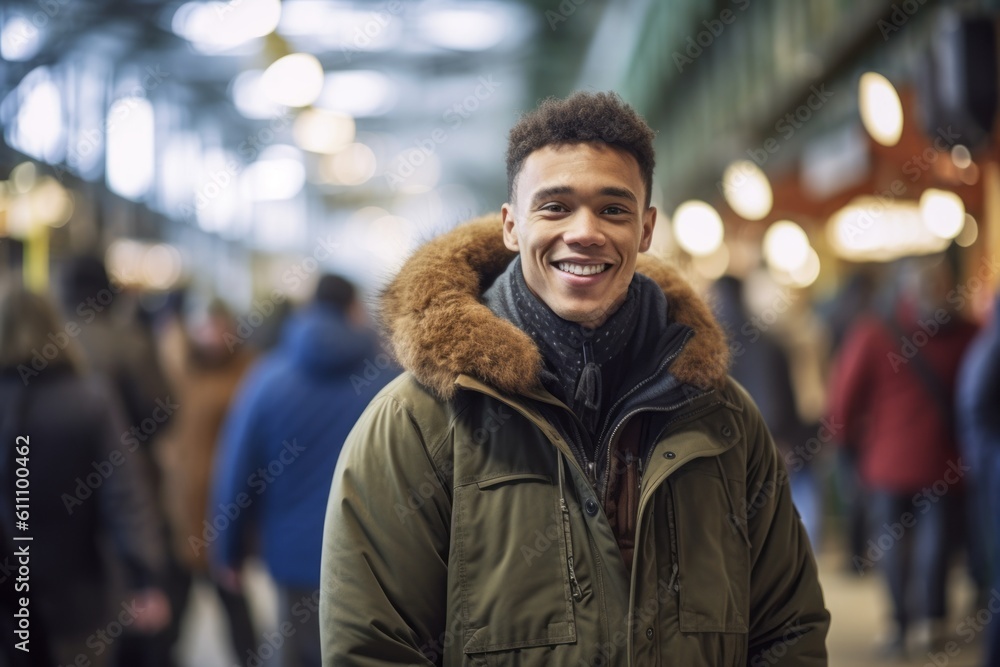 Medium shot portrait photography of a grinning boy in his 30s wearing a warm parka against a bustling indoor market background. With generative AI technology