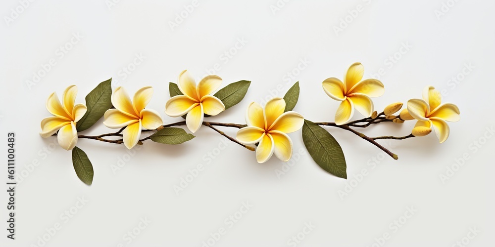 Fototapeta premium AI Generated. AI Generative. Plumeria frangipani flower tree branch close macro shot. Beautiful blossom spa relax vibe. Graphic Art