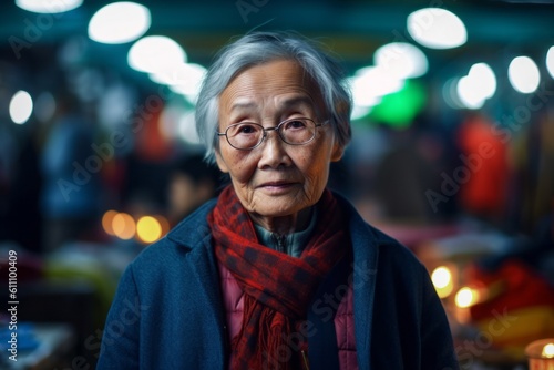 Environmental portrait photography of a glad old woman wearing soft sweatpants against a lively night market background. With generative AI technology © Markus Schröder