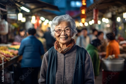Environmental portrait photography of a glad old woman wearing soft sweatpants against a lively night market background. With generative AI technology