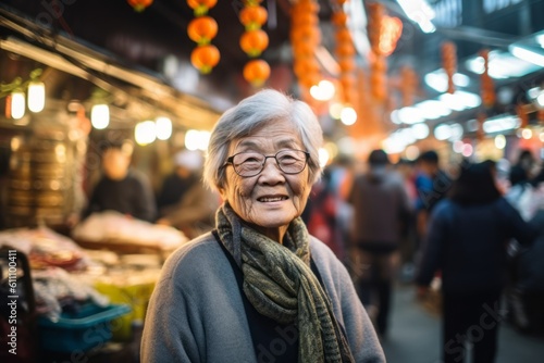 Environmental portrait photography of a glad old woman wearing soft sweatpants against a lively night market background. With generative AI technology