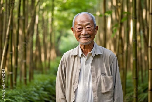 Lifestyle portrait photography of a grinning old man wearing a classy button-up shirt against a tranquil bamboo grove background. With generative AI technology