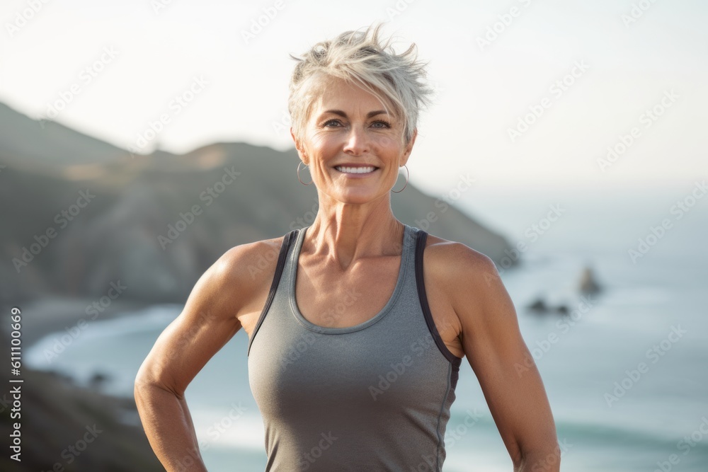 Medium shot portrait photography of a glad mature woman wearing a sporty tank top against a scenic ocean cliff background. With generative AI technology Medium shot portrait photography of a glad mature woman wearing a sporty tank top against a scenic ocean cliff background. With generative AI technology