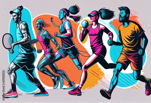 A group of people are engaged in different sports, vector illustration style. AI generated.