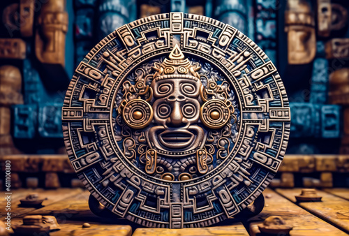 a large wooden aztec calendar, with an ancient sigil, dark white and bronze, generative ai