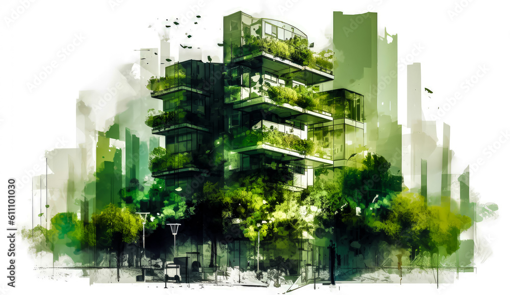 c2b environmental design regenerative cities, in the style of architectural abstraction, green, generative ai c2b environmental design regenerative cities, in the style of architectural abstraction, green, generative ai
