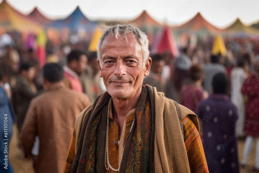 Medium shot portrait photography of a glad mature man wearing a unique poncho against a lively festival ground background. With generative AI technology