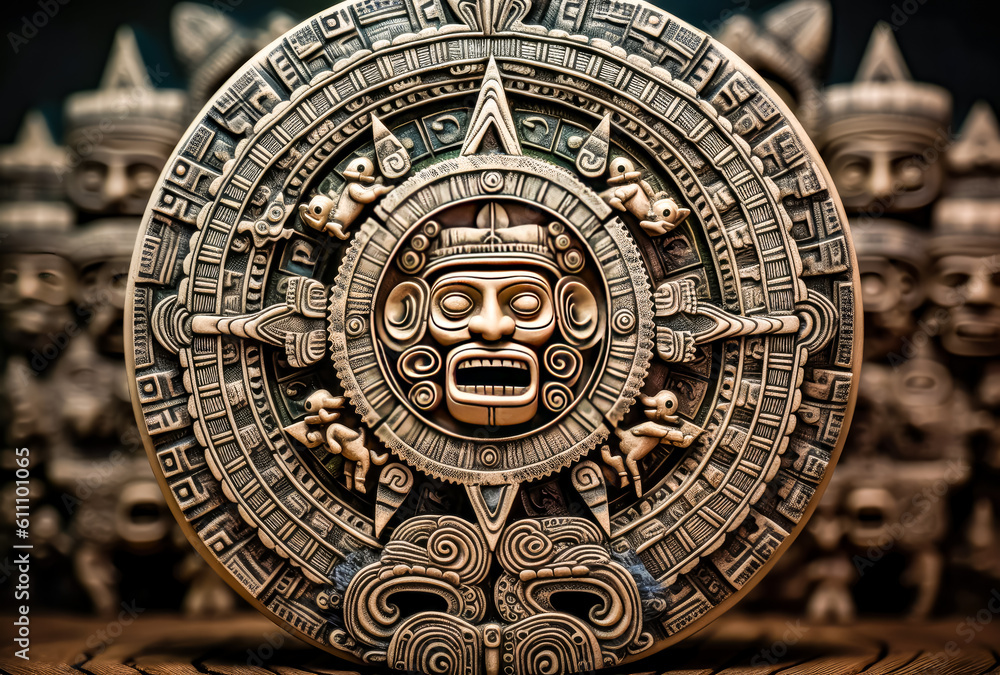 a large wooden aztec calendar with an ancient sigil generative ai
