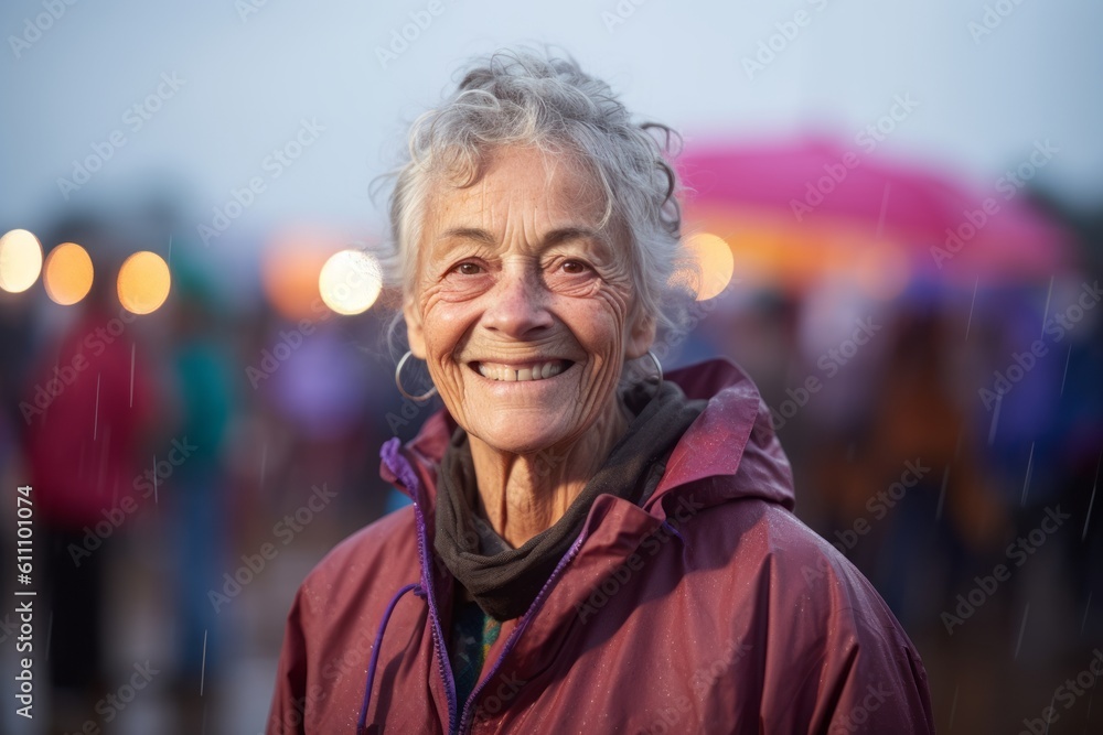 Photography in the style of pensive portraiture of a joyful mature woman wearing a lightweight windbreaker against a lively festival ground background. With generative AI technology Photography in the style of pensive portraiture of a joyful mature woman wearing a lightweight windbreaker against a lively festival ground background. With generative AI technology