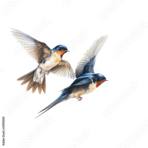  2 Elegant, Barn Swallow, in flight, love in motion, Nature-themed, photorealistic illustrations in a PNG, cutout, and isolated. Generative AI