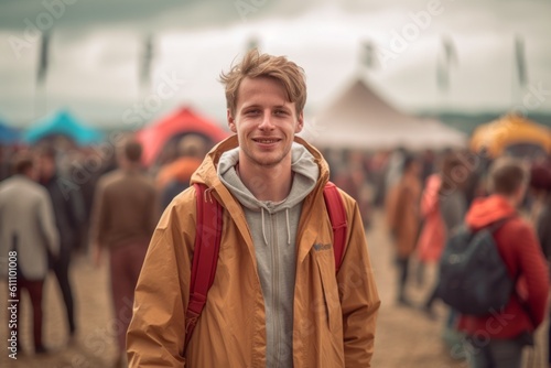 Lifestyle portrait photography of a glad boy in his 30s wearing a lightweight windbreaker against a lively festival ground background. With generative AI technology