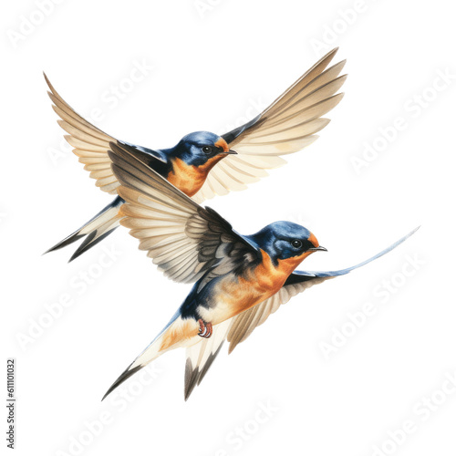  2 Elegant  Barn Swallow  in flight  love in motion   Nature-themed  photorealistic illustrations in a PNG  cutout  and isolated. Generative AI