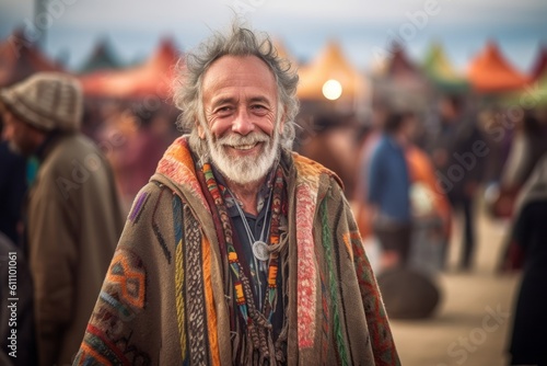 Medium shot portrait photography of a glad mature man wearing a unique poncho against a lively festival ground background. With generative AI technology