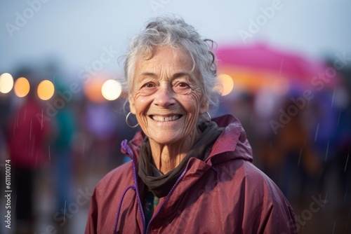 Photography in the style of pensive portraiture of a joyful mature woman wearing a lightweight windbreaker against a lively festival ground background. With generative AI technology