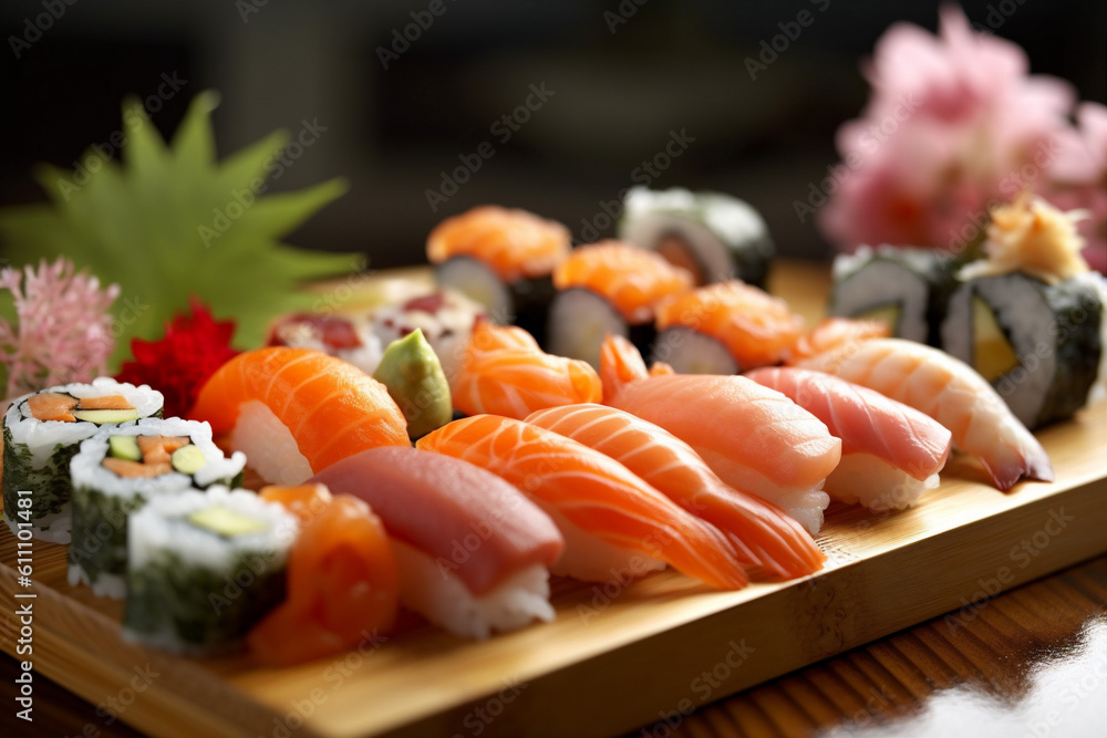 japanese japan meal sushi rice roll set food fish seafood. Generative AI. japanese japan meal sushi rice roll set food fish seafood. Generative AI.
